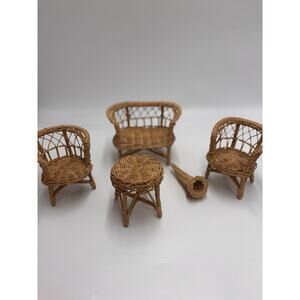 Set Of 4 1960's Vintage Barbie Doll House Wicker Rattan Chairs Table & Loveseat
